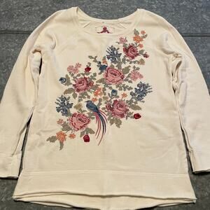 Johnny Was Embroidered Bird Flowers Sweatshirt Small Cream Terry Cloth Cottage